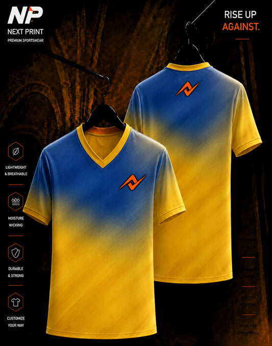 Blue and yellow gradient sublimation V-neck sports jersey front and back design by Next Print