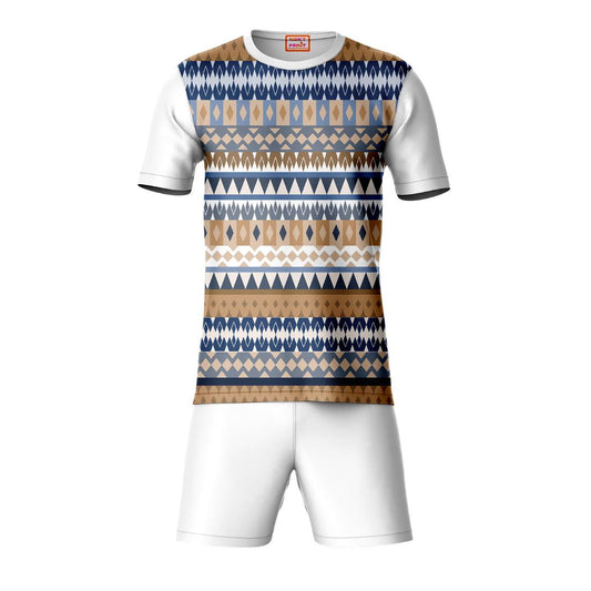 Brown pattern sports t-shirt with white shorts coord set front view for men