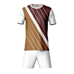 Brown white horizontal stripe sports t-shirt with white shorts co-ord set front view