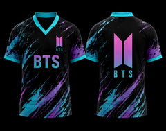 Front and back view of BTS Aurora Splash V-neck polo jersey in black with cyan and purple abstract graphics and BTS logo.