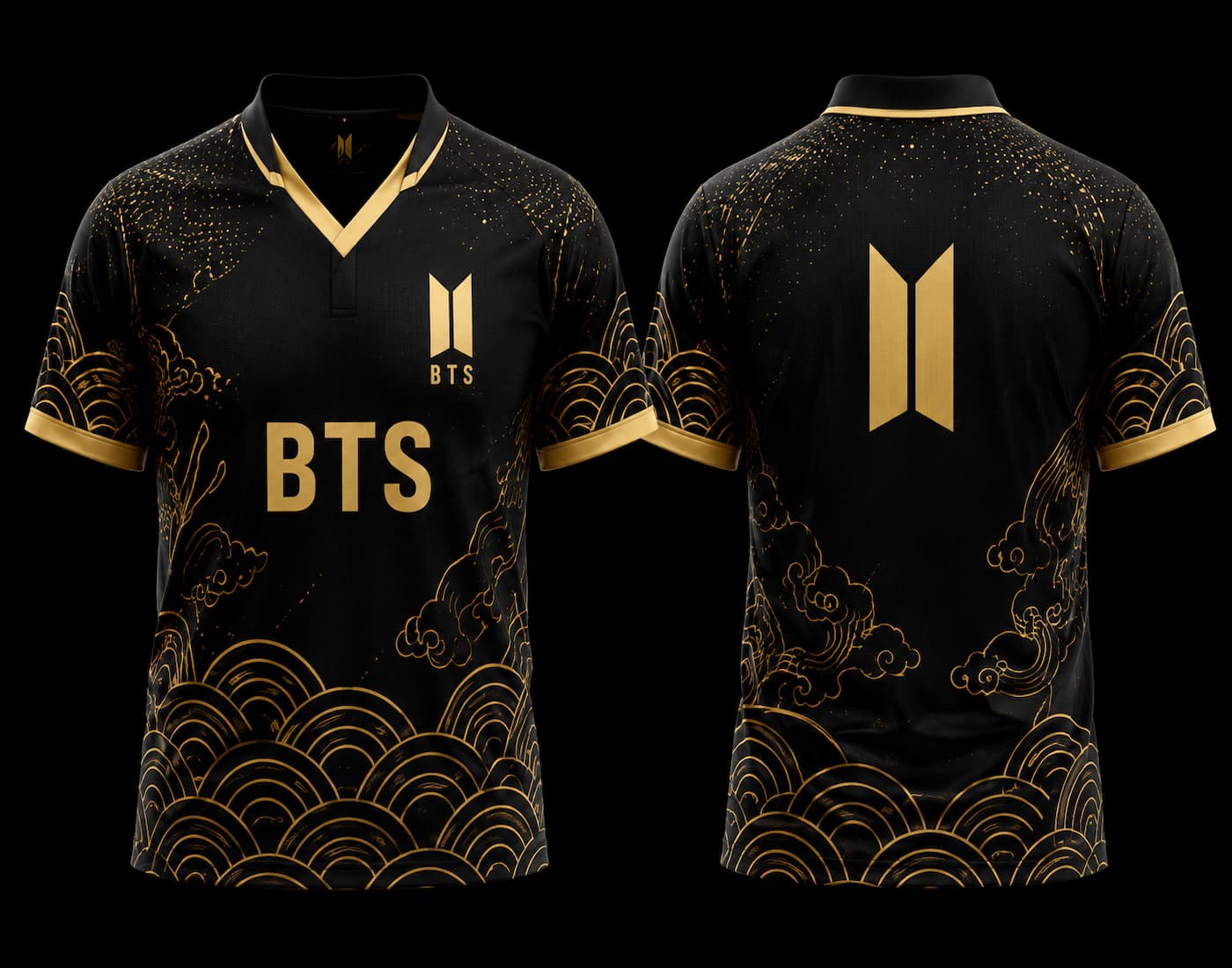 Front and back view of Black and Gold BTS V-Neck Polo Jersey with luxury wave pattern and premium BTS logo design.