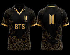 Front and back view of Black and Gold BTS V-Neck Polo Jersey with luxury wave pattern and premium BTS logo design.