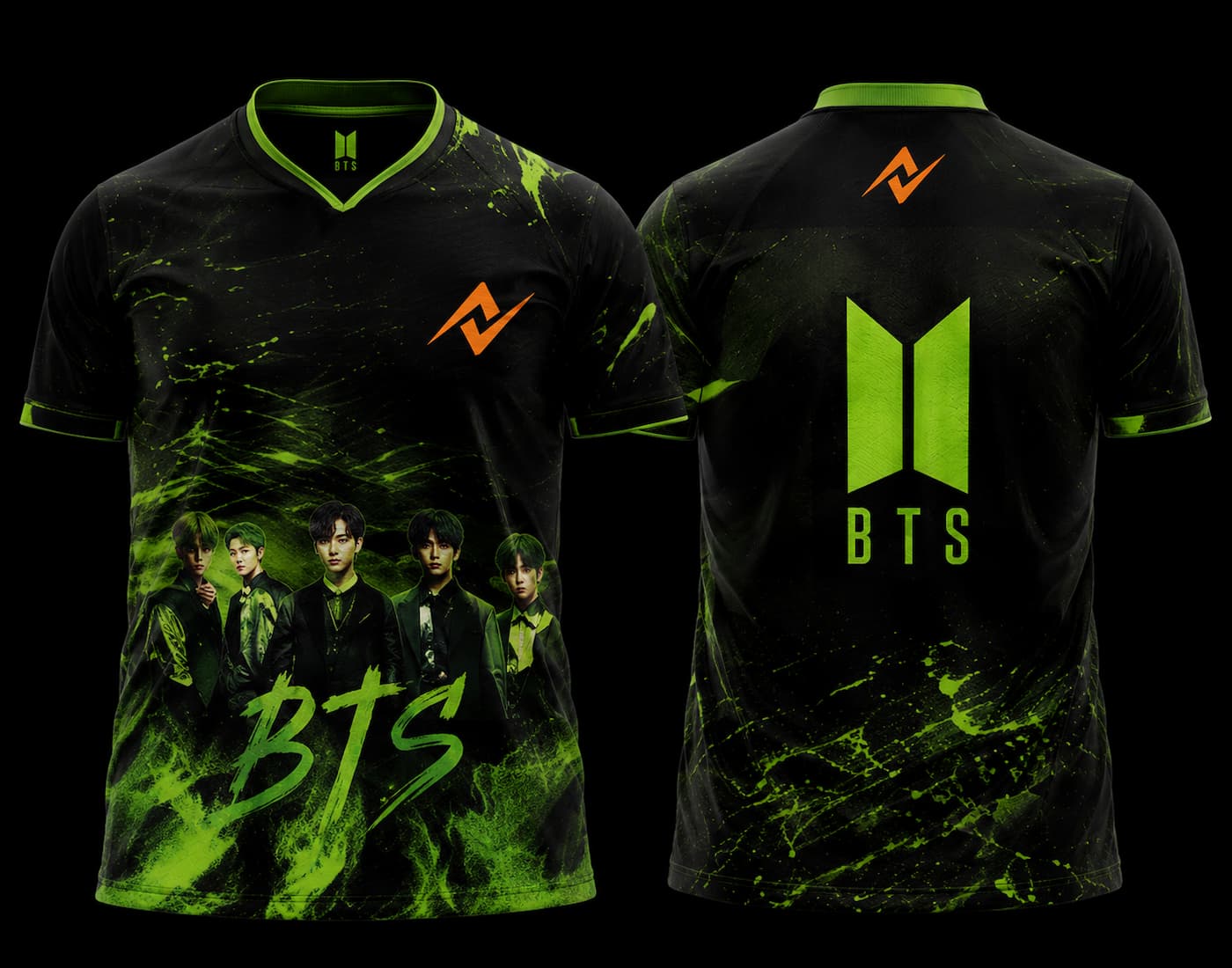 Black and neon green BTS group esports jersey featuring BTS member artwork on the front and BTS-inspired logo on the back.