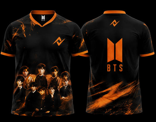 Front and back view of BTS Black & Orange Blaze Group Edition esports jersey featuring BTS group artwork on the front and BTS-inspired logo on the back.