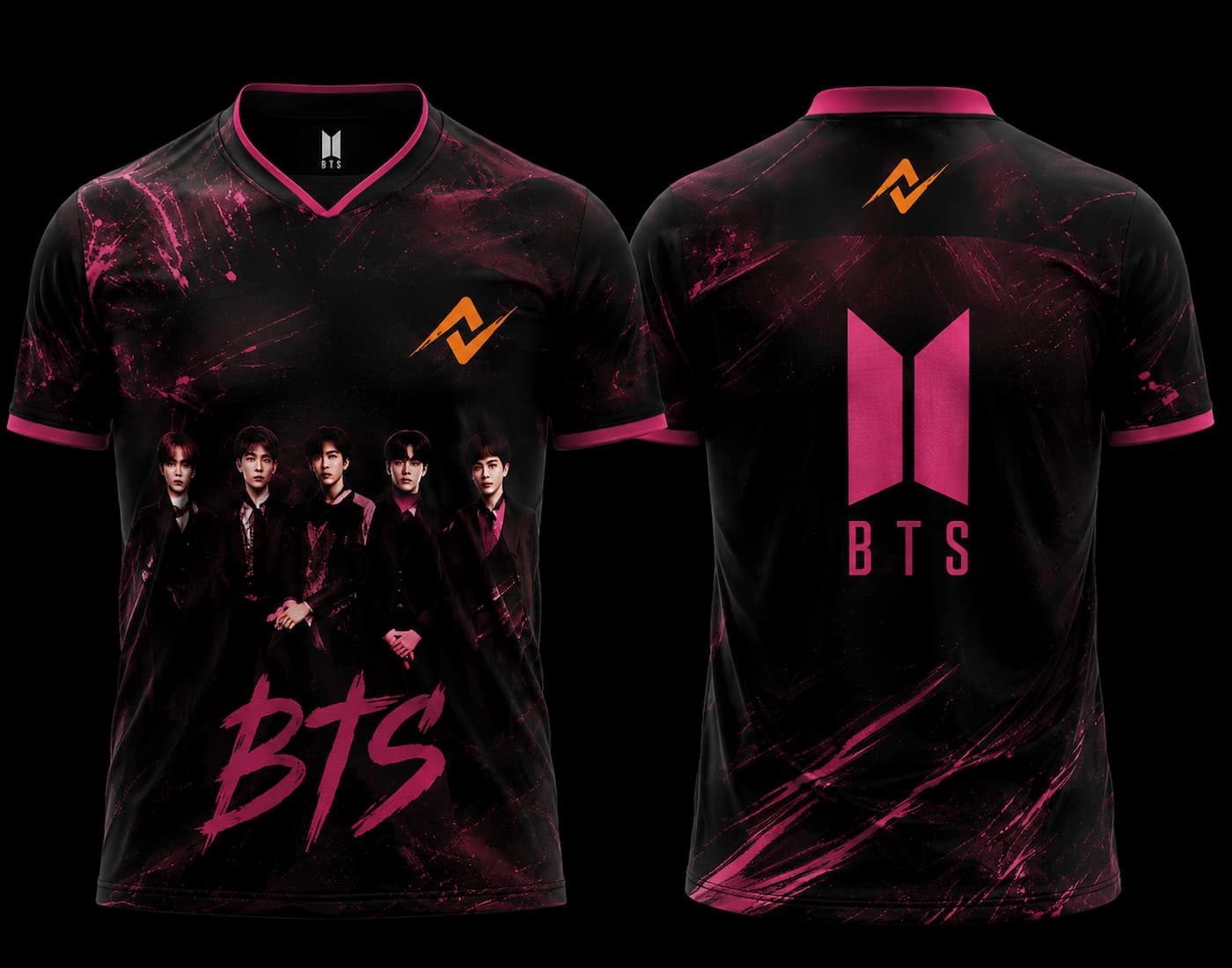 Black and pink BTS group esports jersey featuring BTS member artwork on the front and BTS-inspired logo on the back.
