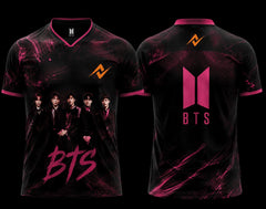 Black and pink BTS group esports jersey featuring BTS member artwork on the front and BTS-inspired logo on the back.