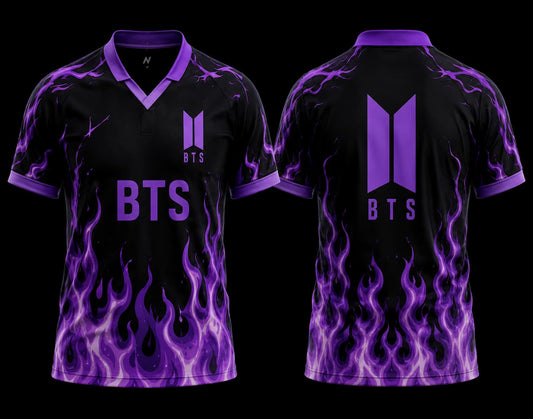 BTS Black and Purple Flame V-Neck Polo Jersey front and back view featuring premium flame graphics and BTS logo