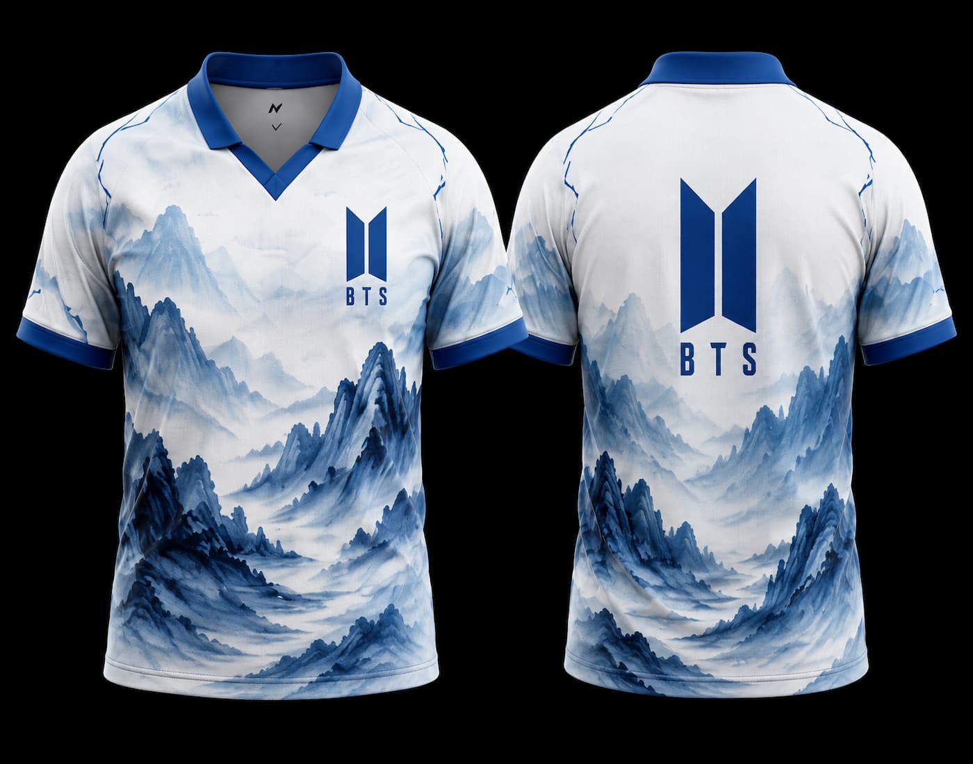 Front and back view of BTS Blue Mountain V-Neck Polo Jersey featuring a blue ink landscape design and premium BTS logo.