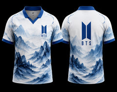 Front and back view of BTS Blue Mountain V-Neck Polo Jersey featuring a blue ink landscape design and premium BTS logo.