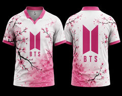 Front and back view of BTS Cherry Blossom Sakura Pink V-Neck Polo Jersey featuring floral artwork and a clean back with BTS logo only.