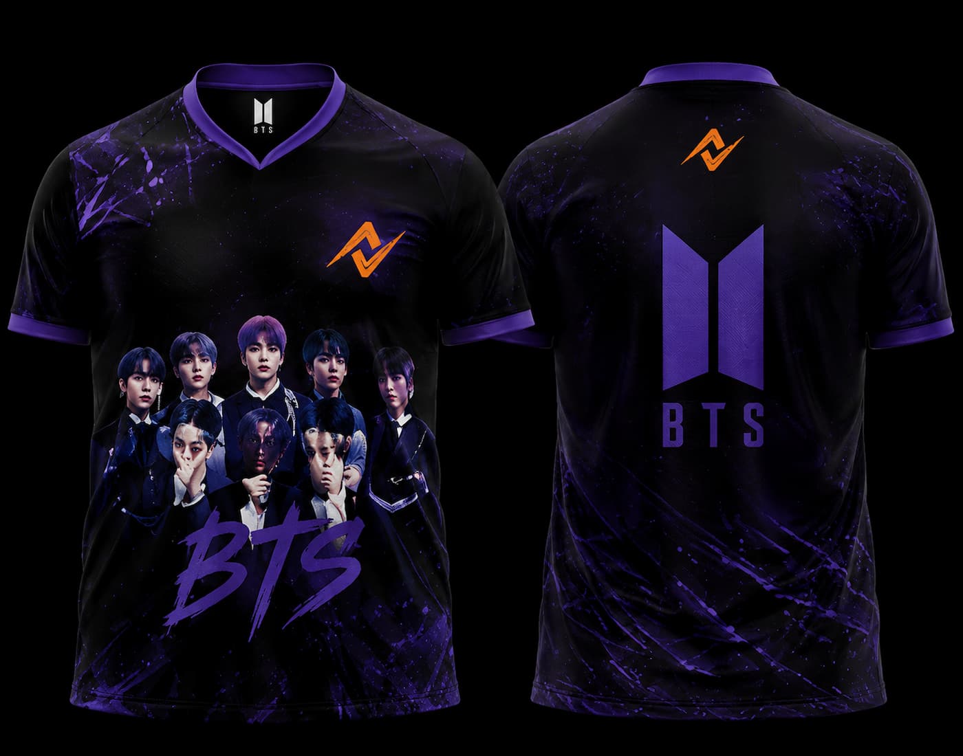 Front and back view of BTS Cosmic Purple Group Edition esports jersey featuring BTS group artwork on the front and a large BTS-inspired logo on the back with purple galaxy graphics.