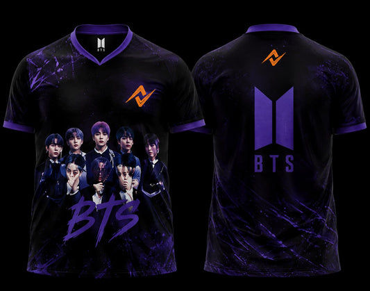 Front and back view of BTS Cosmic Purple Group Edition esports jersey featuring BTS group artwork on the front and a large BTS-inspired logo on the back with purple galaxy graphics.