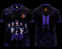 Front and back view of BTS Cosmic Purple Group Edition esports jersey featuring BTS group artwork on the front and a large BTS-inspired logo on the back with purple galaxy graphics.
