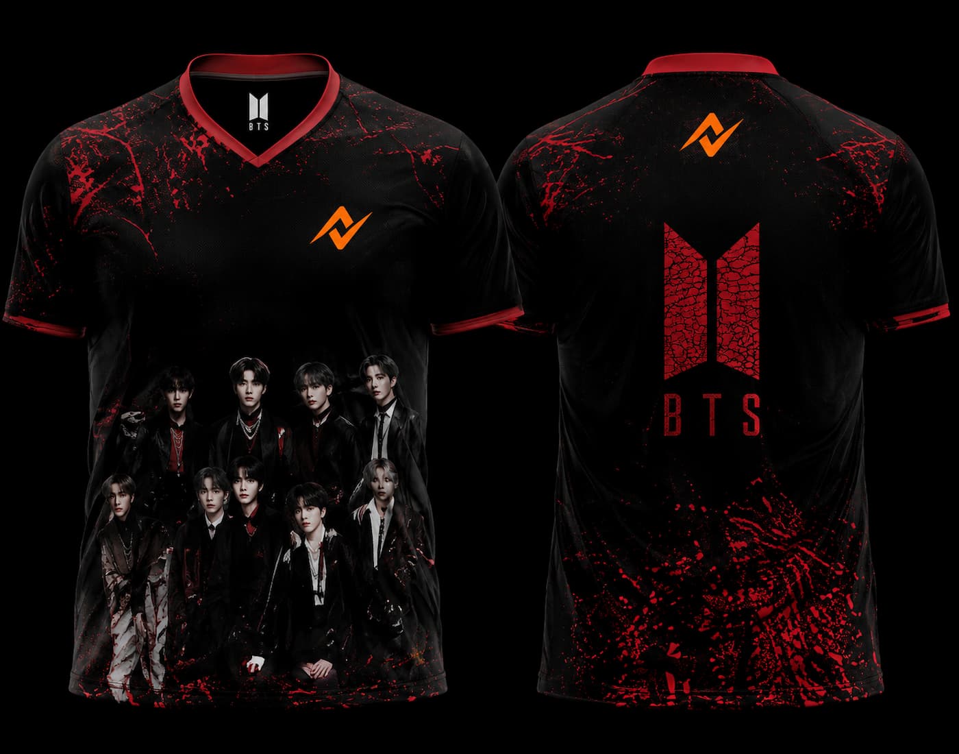 Front and back view of BTS Crimson Shadow Group Esports Jersey featuring BTS group artwork on the front and a bold crimson BTS logo on the back with red splatter graphics.