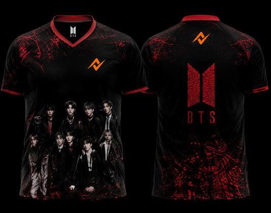 Front and back view of BTS Crimson Shadow Group Esports Jersey featuring BTS group artwork on the front and a bold crimson BTS logo on the back with red splatter graphics.