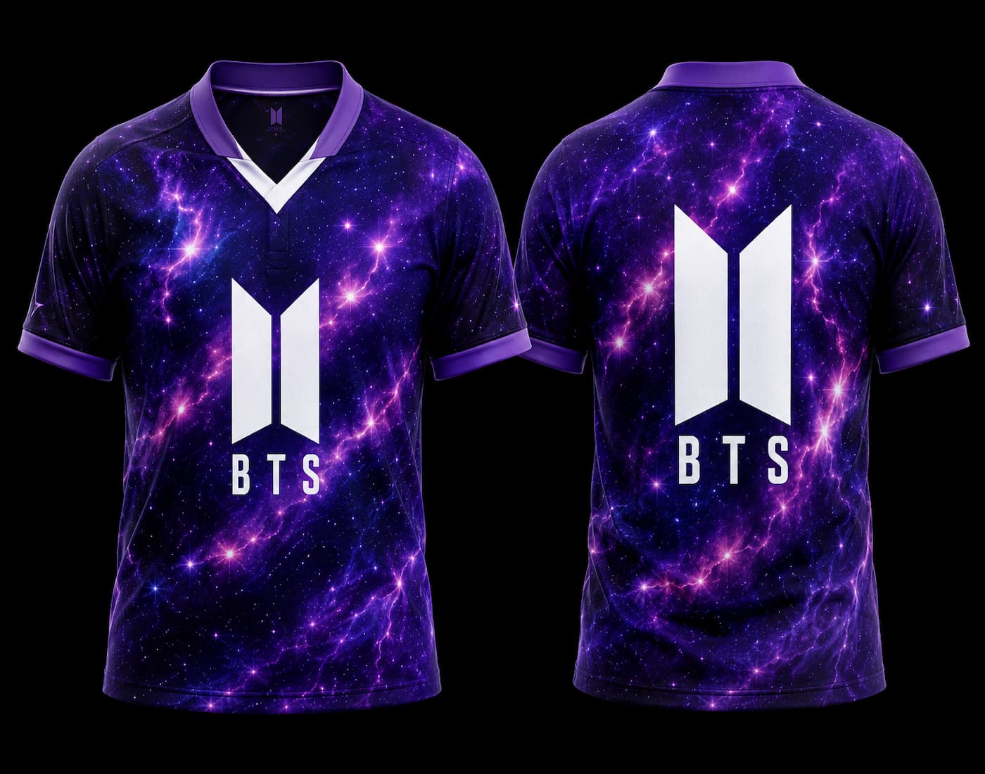 Front and back view of BTS Galaxy Nebula Purple V-Neck Polo Jersey featuring a cosmic galaxy design with BTS logo and clean back without name or number.