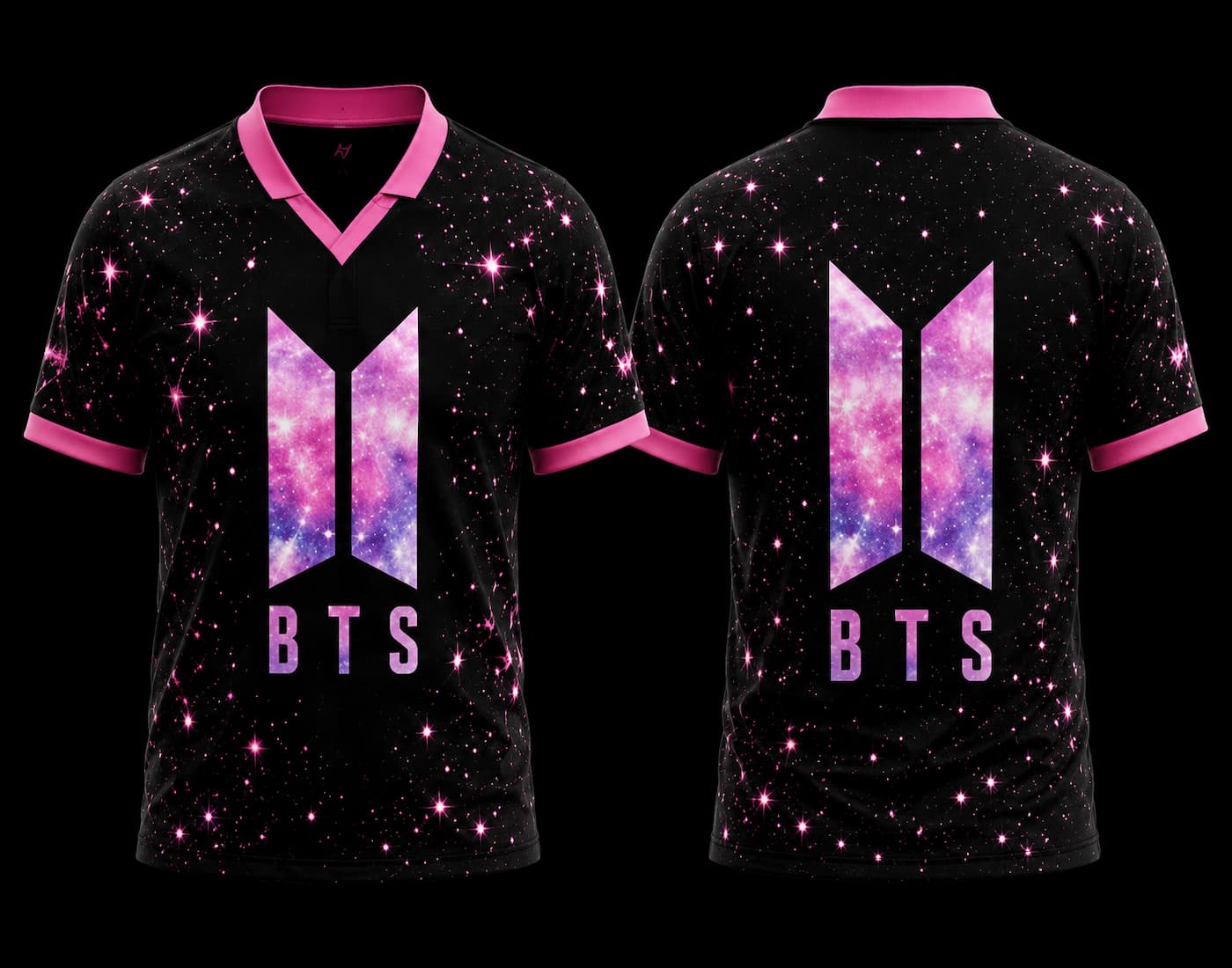Front and back view of BTS Galaxy Pink V-neck polo jersey featuring black cosmic star pattern with pink accents and BTS logo.