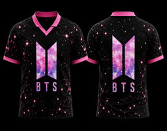 Front and back view of BTS Galaxy Pink V-neck polo jersey featuring black cosmic star pattern with pink accents and BTS logo.