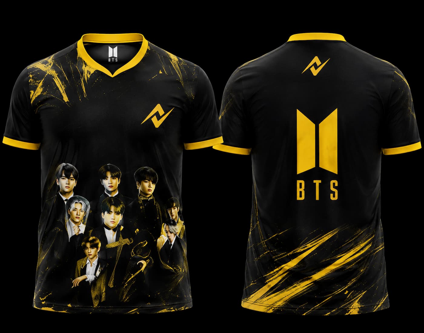 Front and back view of BTS Gold Eclipse Group Edition esports jersey featuring BTS group artwork on the front and a large BTS-inspired logo with gold graphics on the back.