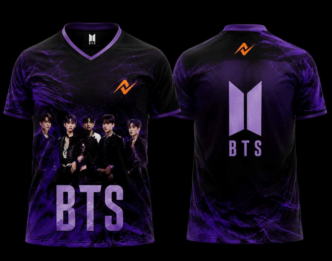 Front and back view of BTS Group Purple Edition esports jersey featuring all seven BTS members with a premium purple and black design and BTS logo.