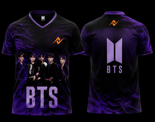 Front and back view of BTS Group Purple Edition esports jersey featuring all seven BTS members with a premium purple and black design and BTS logo.