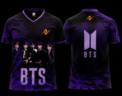 Front and back view of BTS Group Purple Edition esports jersey featuring all seven BTS members with a premium purple and black design and BTS logo.