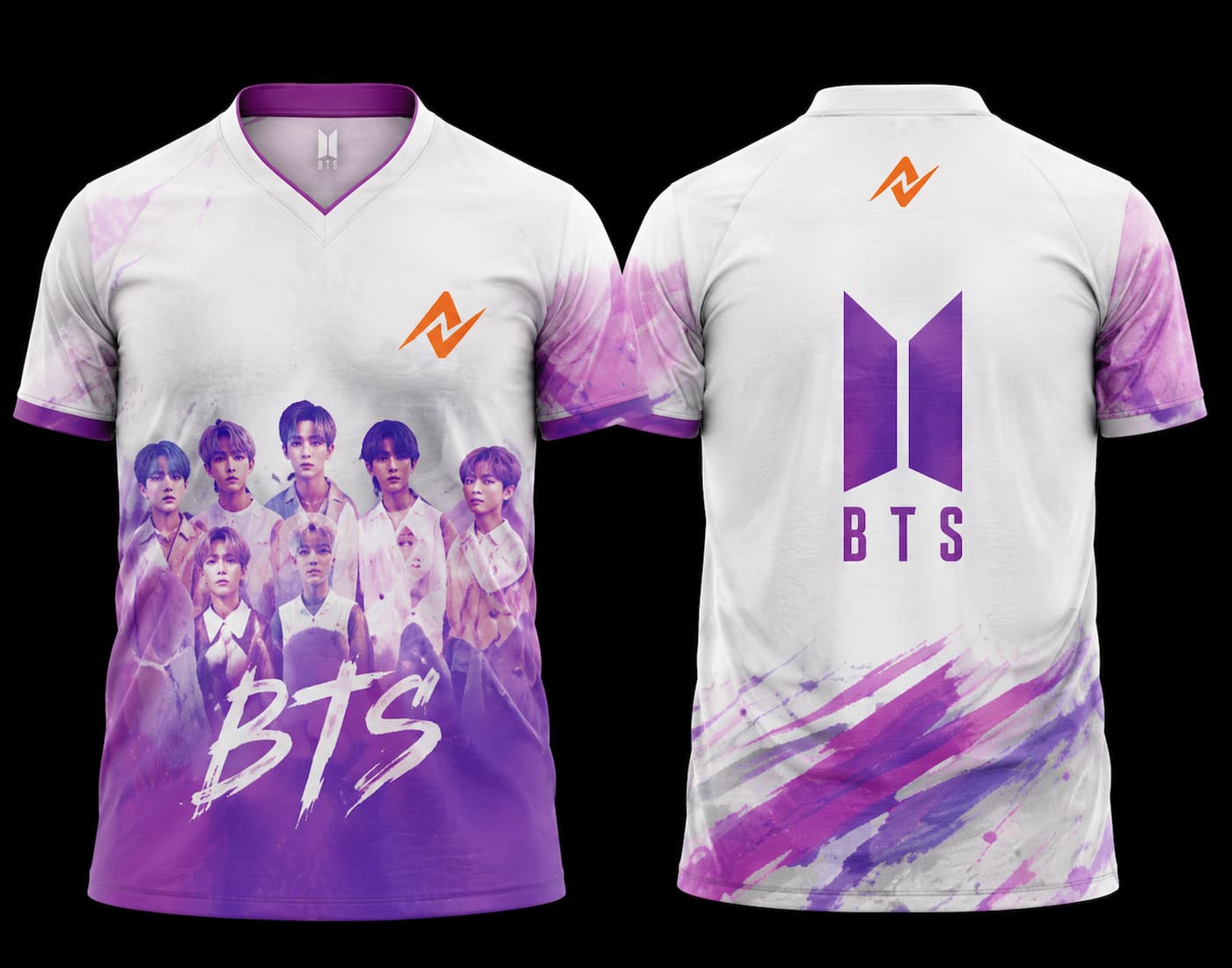 BTS group white and purple esports jersey front and back with BTS-inspired logo and fan artwork
