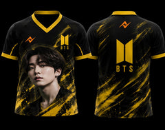 Front and back view of BTS J-Hope Golden Shadow Fan Edition V-neck esports jersey featuring a portrait-inspired graphic, BTS logo, and orange chest logo.