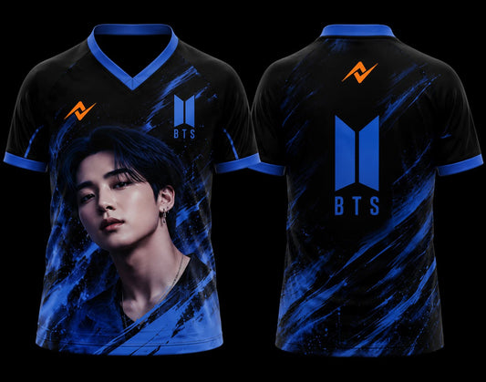 BTS Jimin Blue Edition esports jersey front and back view with premium fan-inspired design and BTS logo.