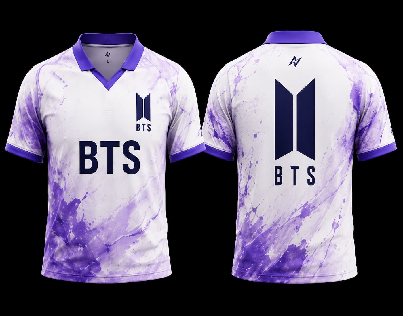 Front and back view of a white and lavender BTS V-neck polo jersey featuring watercolor graphics and the BTS logo.