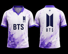 Front and back view of a white and lavender BTS V-neck polo jersey featuring watercolor graphics and the BTS logo.