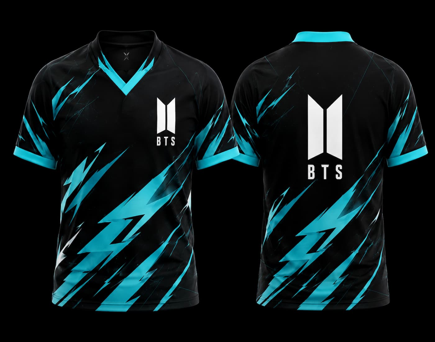 Front and back view of BTS Lightning Strike Black and Cyan V-Neck Polo Jersey featuring the BTS logo and clean back design without name or number.