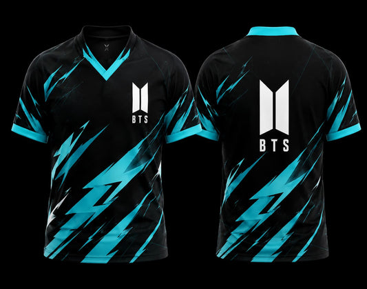 Front and back view of BTS Lightning Strike Black and Cyan V-Neck Polo Jersey featuring the BTS logo and clean back design without name or number.
