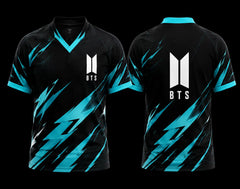 Front and back view of BTS Lightning Strike Black and Cyan V-Neck Polo Jersey featuring the BTS logo and clean back design without name or number.