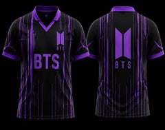 Front and back view of BTS Midnight Purple V-Neck Polo Jersey featuring black and purple vertical stripe graphics with premium sublimation print.