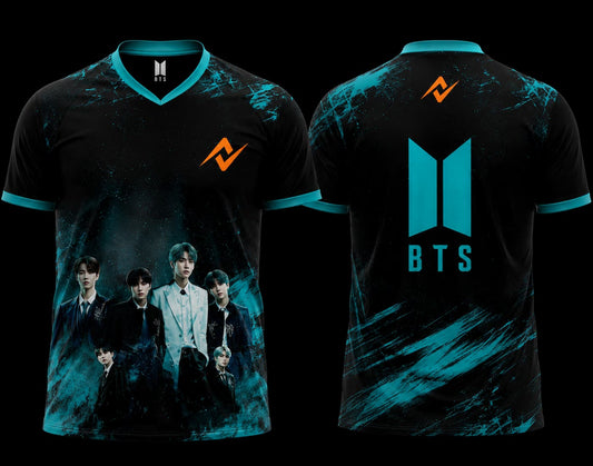 Front and back view of BTS Ocean Blue Group Esports Jersey featuring BTS group artwork on the front and a large BTS logo on the back with blue esports graphics.
