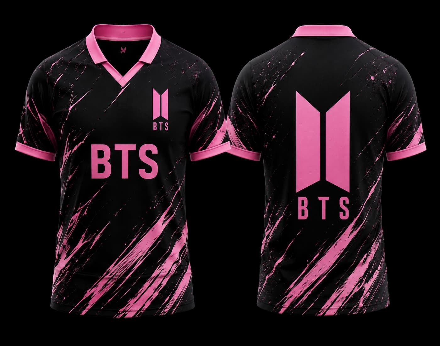 Front and back view of a black and pink BTS V-neck polo jersey featuring dynamic pink brushstroke graphics and a clean BTS logo on the back without a number.