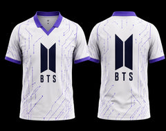 BTS Purple Circuit White V-Neck Polo Jersey front and back with BTS logo and clean back design.