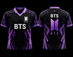 Front and back view of a black and purple BTS V-neck polo jersey featuring futuristic geometric graphics and the BTS logo.