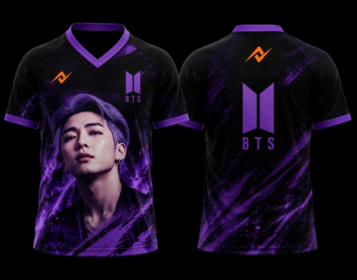 Front and back view of BTS RM purple shadow fan edition V-neck esports jersey with orange chest logo and BTS logo.