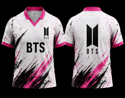 Front and back view of BTS Sakura White Pink V-Neck Polo Jersey with cherry blossom design and premium sublimation print.