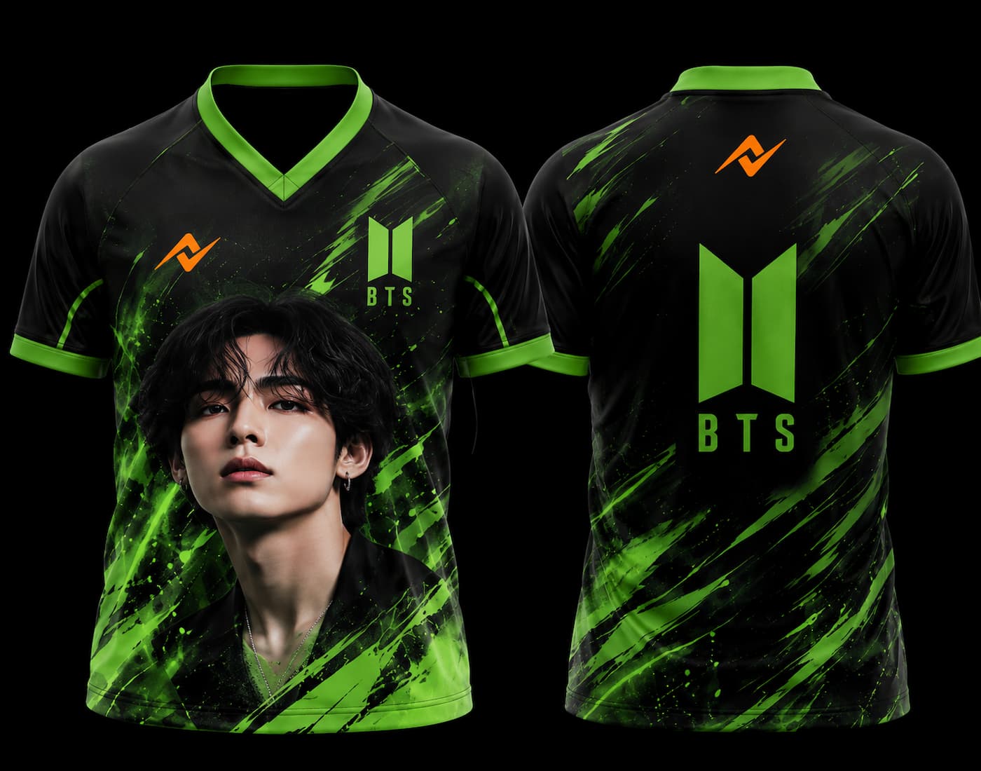 Front and back view of BTS V Green Edition esports jersey featuring a V-inspired portrait with neon green graphics and BTS logo.
