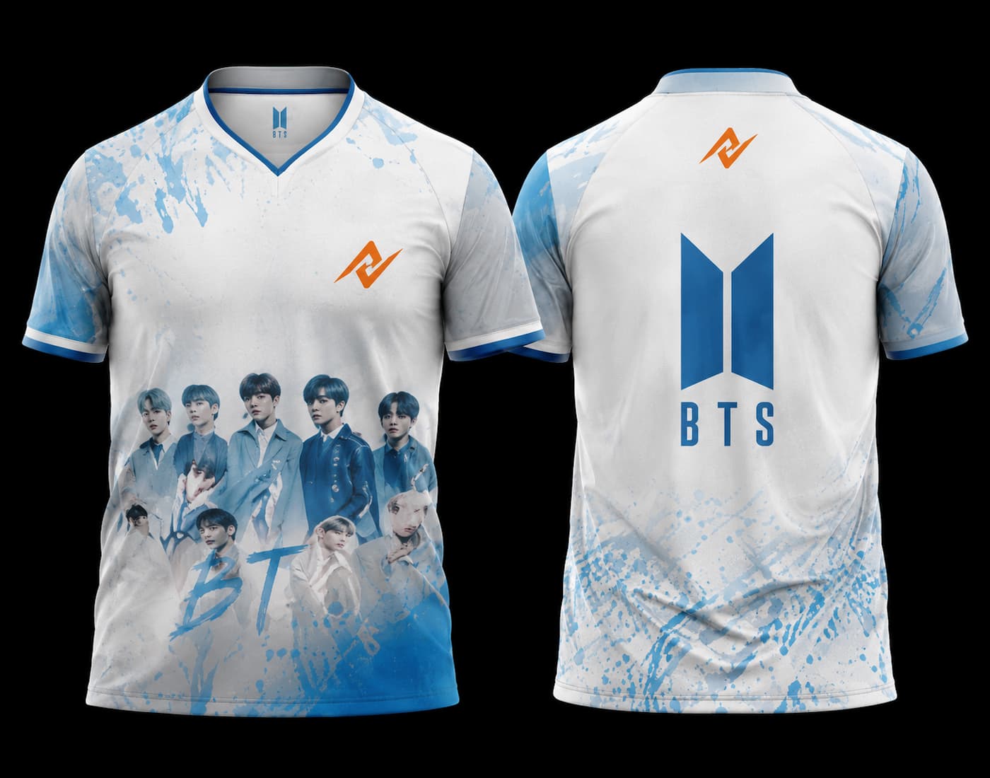 White and sky blue BTS group esports jersey featuring BTS member artwork on the front and BTS-inspired logo on the back.