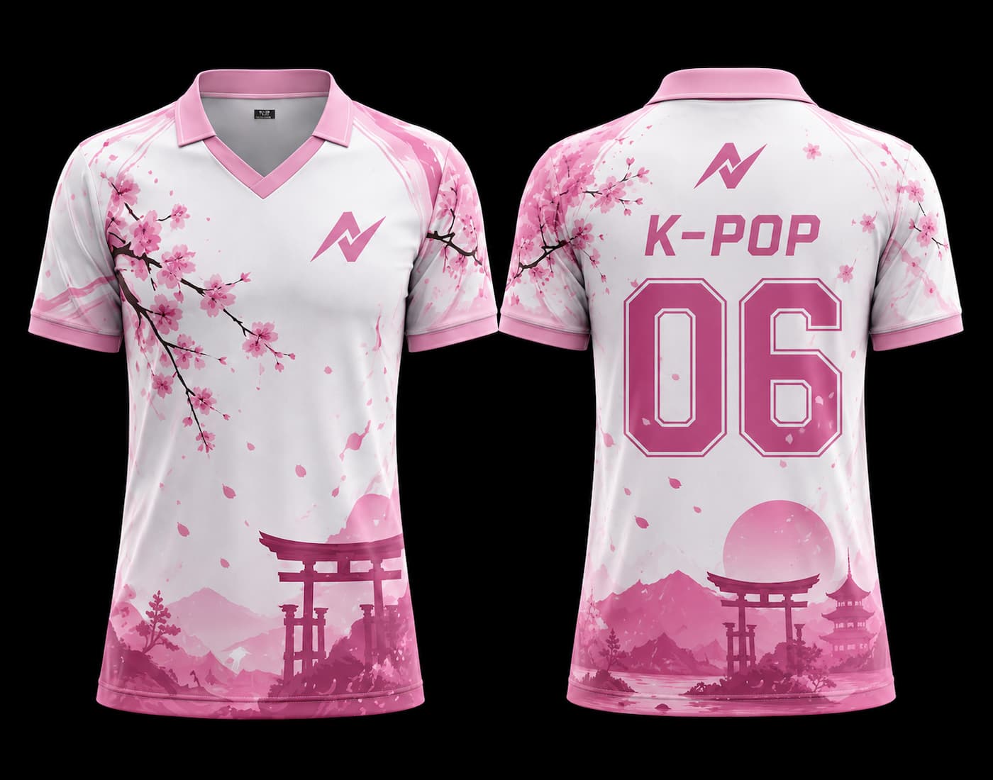 Bubble Bloom pink and white K-Pop V-neck polo collar jersey featuring cherry blossom graphics shown from front and back.