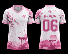Bubble Bloom pink and white K-Pop V-neck polo collar jersey featuring cherry blossom graphics shown from front and back.