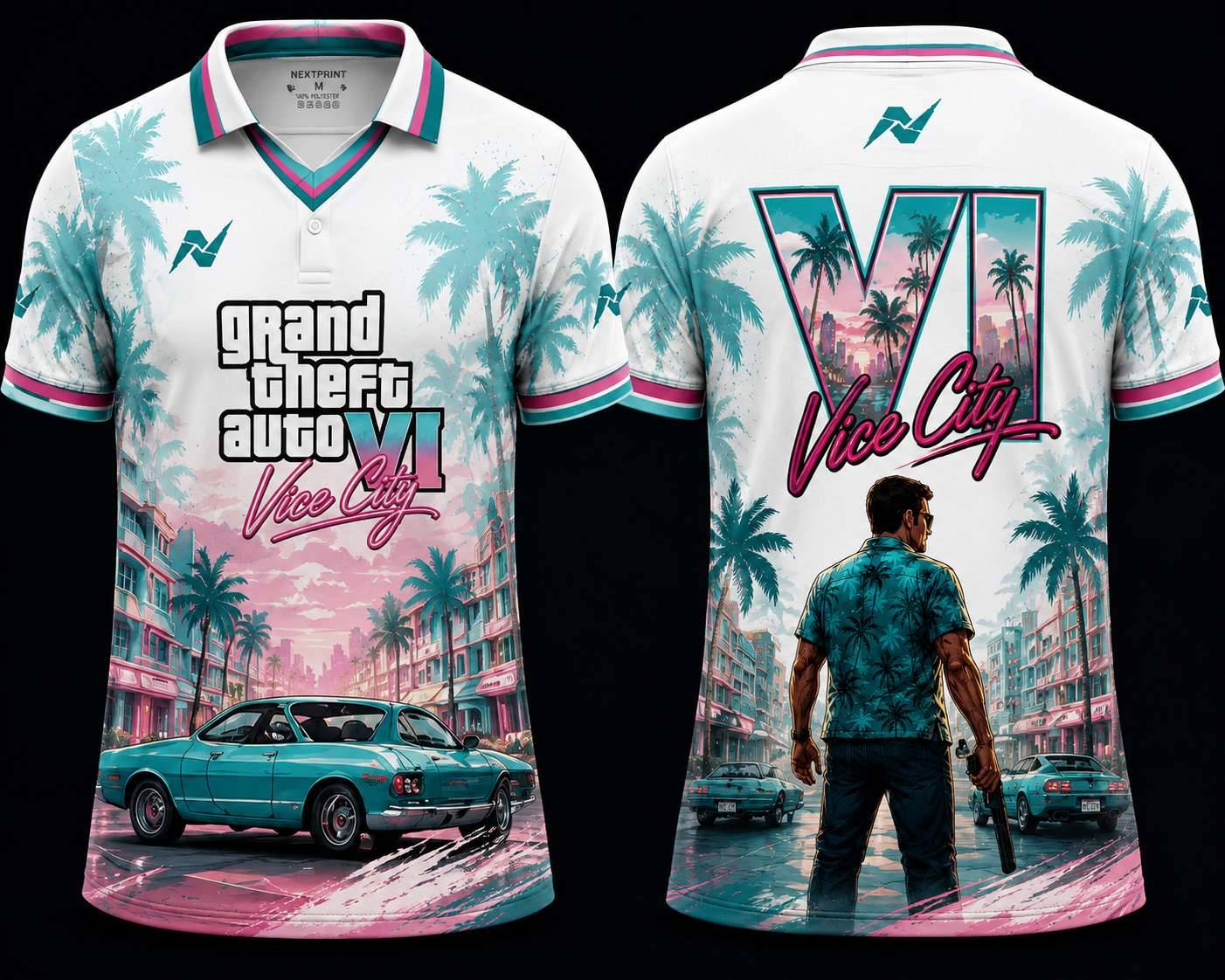 GTA VI Vice City Riviera Polo Jersey | White & Teal V-Neck Gaming Jersey | Custom Name & Number