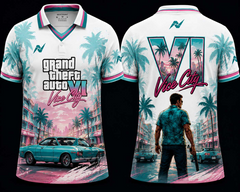 GTA VI Vice City Riviera Polo Jersey | White & Teal V-Neck Gaming Jersey | Custom Name & Number
