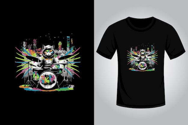 Cat t shirt design on a cat playing drums