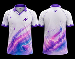 Front and back view of a white and purple Celestial Galaxy Wave K-Pop esports jersey featuring galaxy artwork, stars, heart-shaped planet graphics, chest logo, and back neck logo.