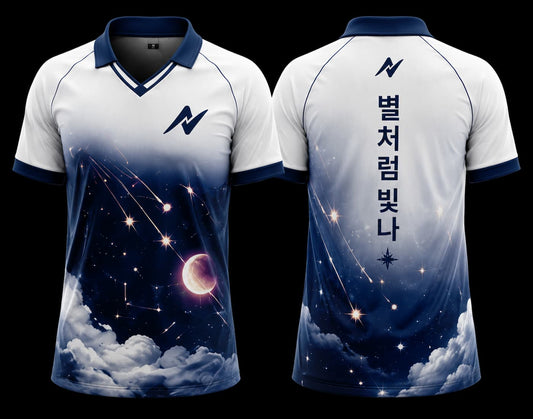 Front and back view of Celestial Star white and navy K-Pop polo collar jersey featuring galaxy, moon, clouds and star-themed design.